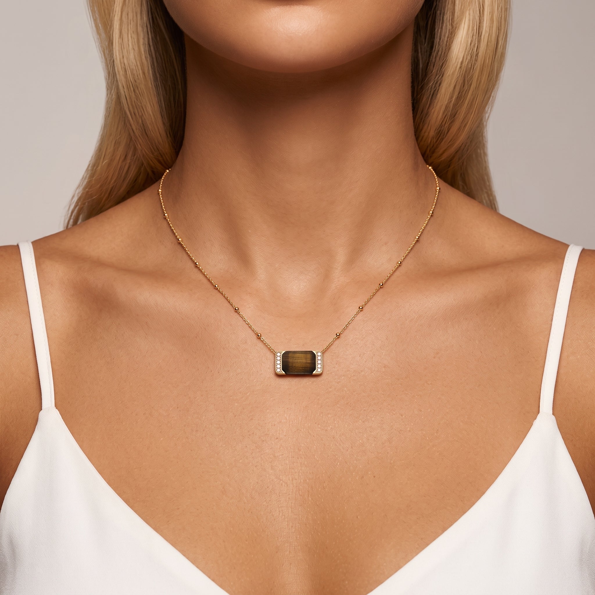 Mona-Lisa Necklace - 18k Yellow Gold plated, Obsidian, Zirconium oxide