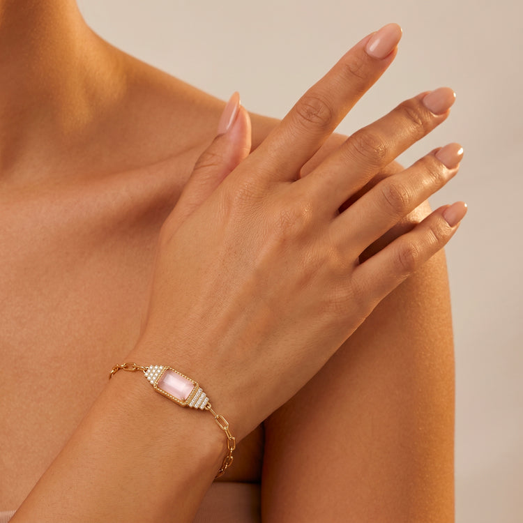 Bracelet Bauhaus - Doré Or jaune 18k, Calcédoine rose & Oxyde de zirconium - Maison Di Giorgio
