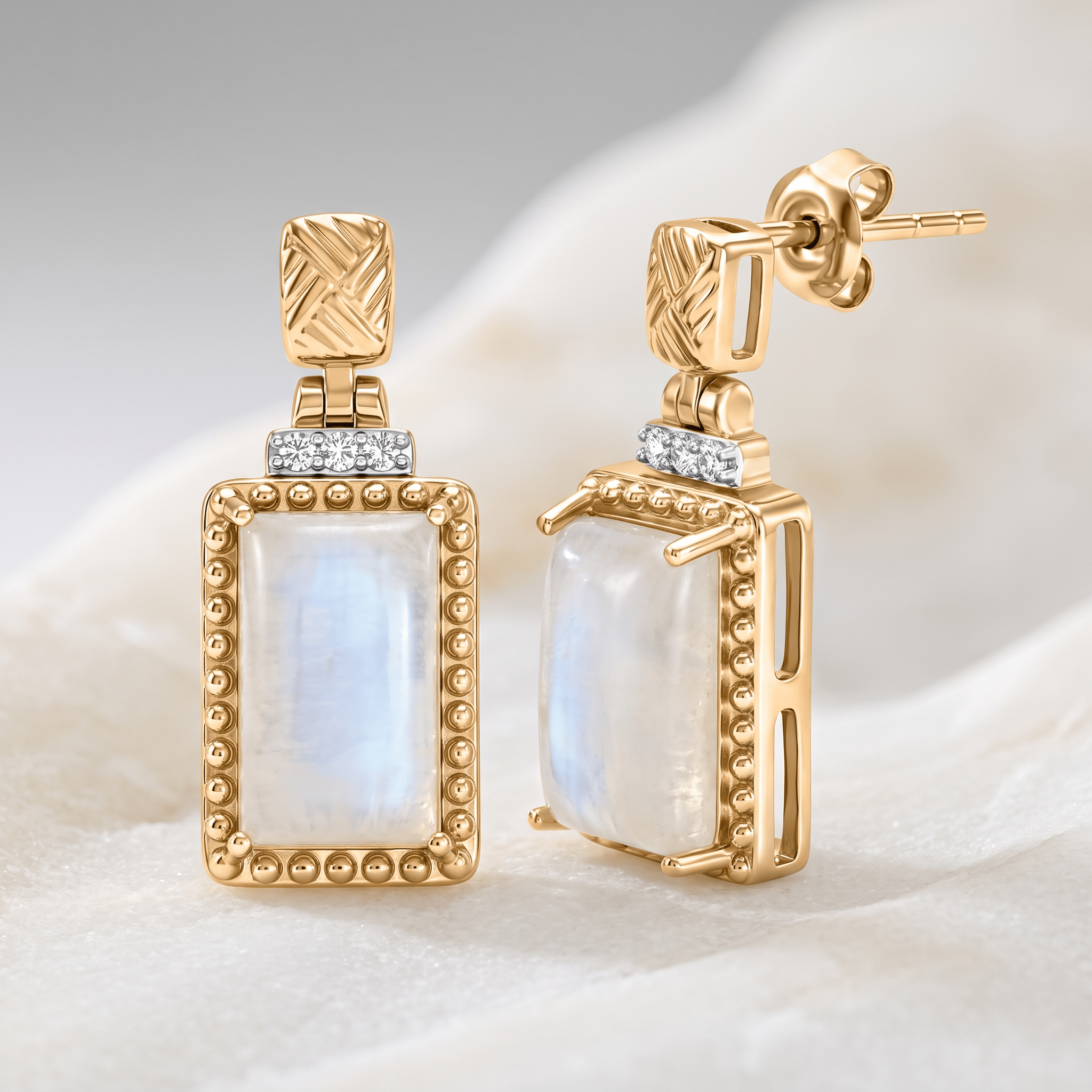 Boucles d'oreilles - Dorées Or jaune 18k et rhodiées, Pierre de lune, Oxyde de zirconium - Maison Di Giorgio
