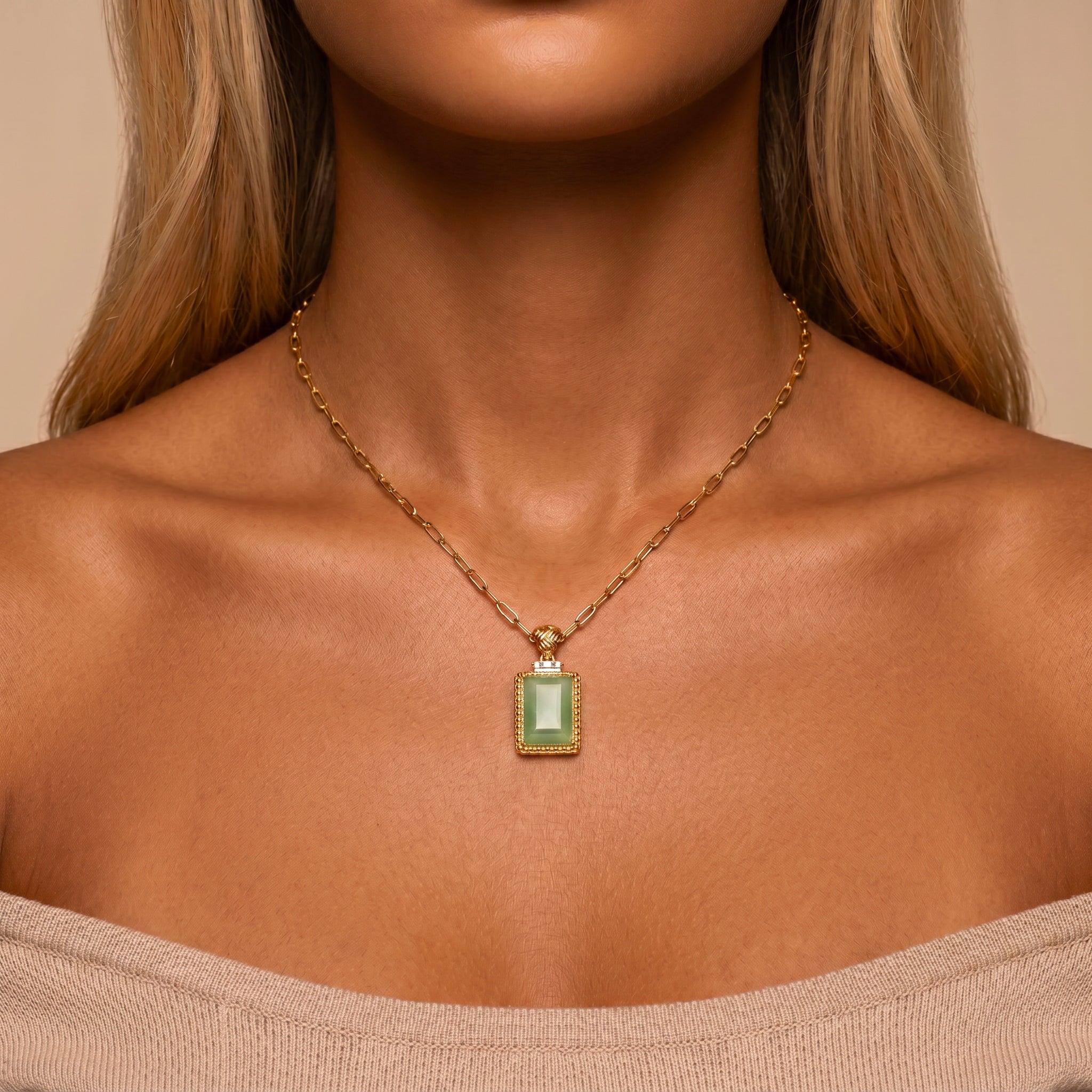 Pendentif avec chaîne Bauhaus - Doré Or jaune 18k, Aventurine verte & Oxyde de zirconium - Maison Di Giorgio