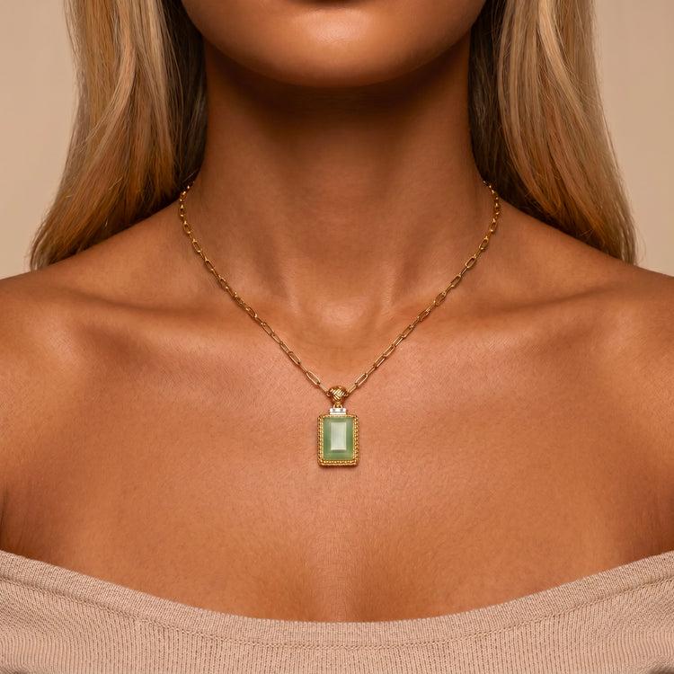 Pendentif avec chaîne Bauhaus - Doré Or jaune 18k, Aventurine verte & Oxyde de zirconium - Maison Di Giorgio