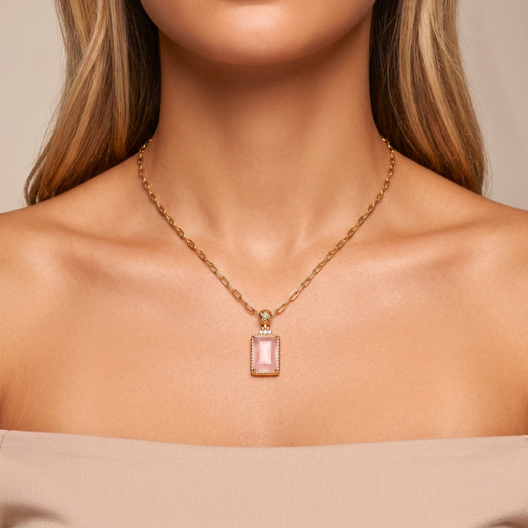 Pendentif avec chaîne Bauhaus - Doré Or jaune 18k, Calcédoine rose & Oxyde de zirconium - Maison Di Giorgio