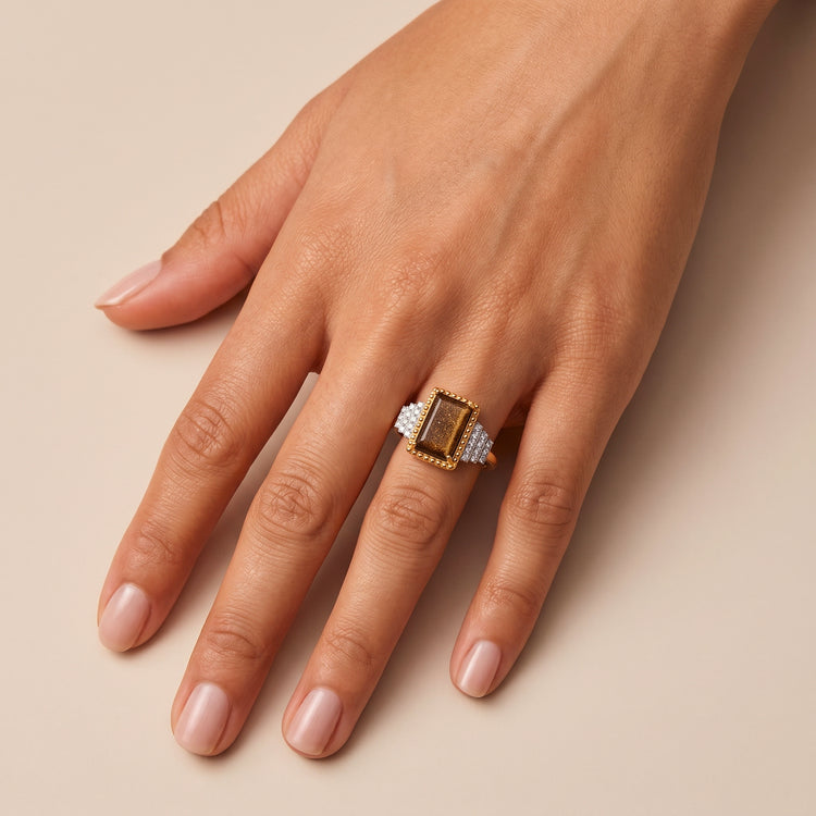 Bague Bauhaus - Dorée Or jaune 18k, Obsidienne dorée & Oxyde de zirconium - Maison Di Giorgio