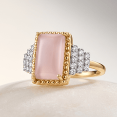 Bague - Dorée Or jaune 18k et rhodiée, Calcédoine rose, Oxyde de zirconium - Maison Di Giorgio