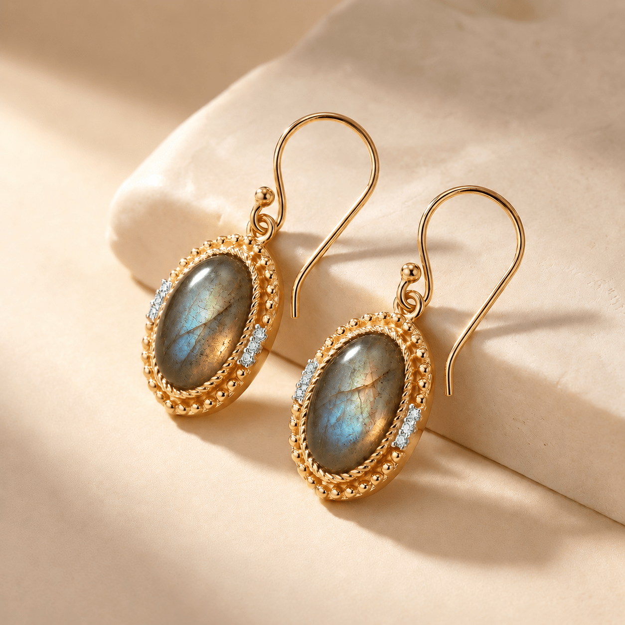 Boucles d'oreilles Irisée - Dorées Or jaune 18k, Labradorite et Oxyde de zirconium - Maison Di Giorgio