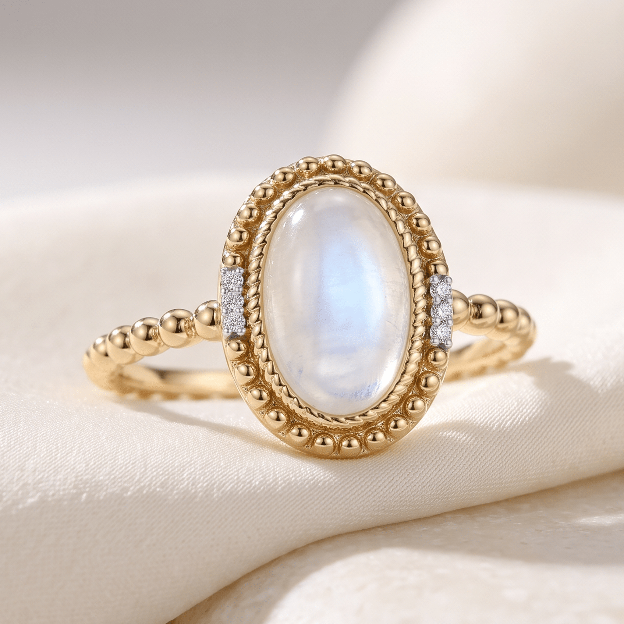 Bague - Dorée Or jaune 18k et rhodiée, Pierre de lune, Oxyde de zirconium - Maison Di Giorgio