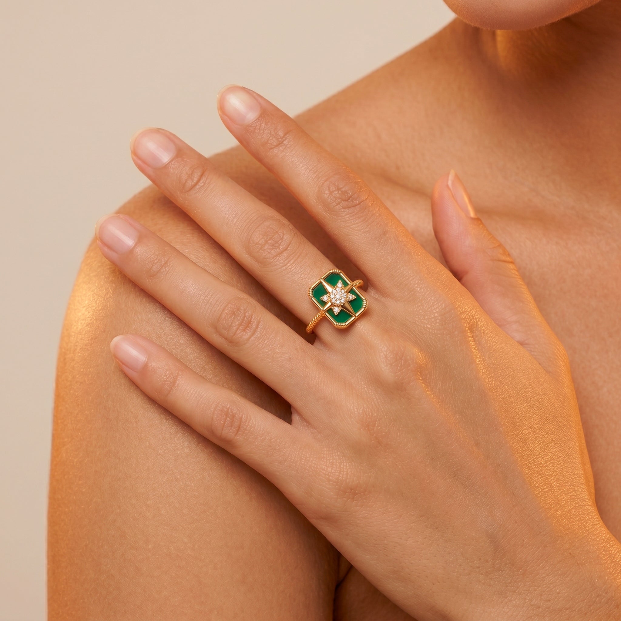 Bague Venti - Dorée Or jaune 18k, Onyx vert & Oxyde de zirconium - Maison Di Giorgio