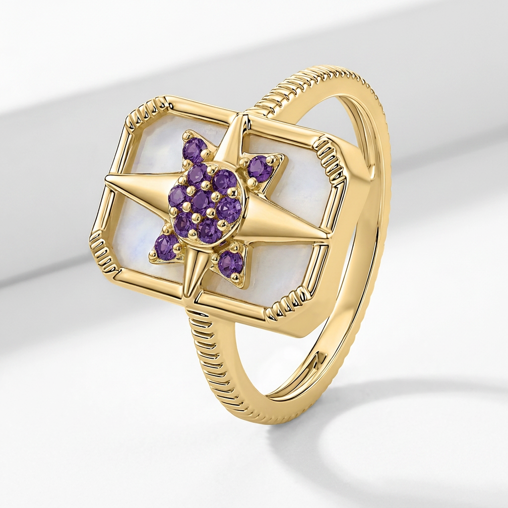 Bague Venti - Dorée Or jaune 18k, Pierre de lune blanche & Améthyste africaine