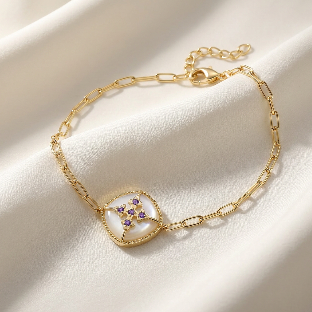 Bracelet Cardina - Doré Or jaune 18k, Pierre lune blanche & Améthyste africaine