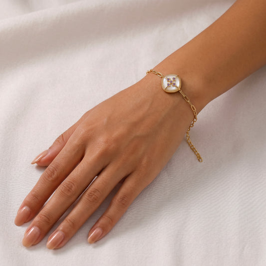 Bracelet Cardina - Doré Or jaune 18k, Pierre lune blanche & Améthyste africaine - Maison Di Giorgio
