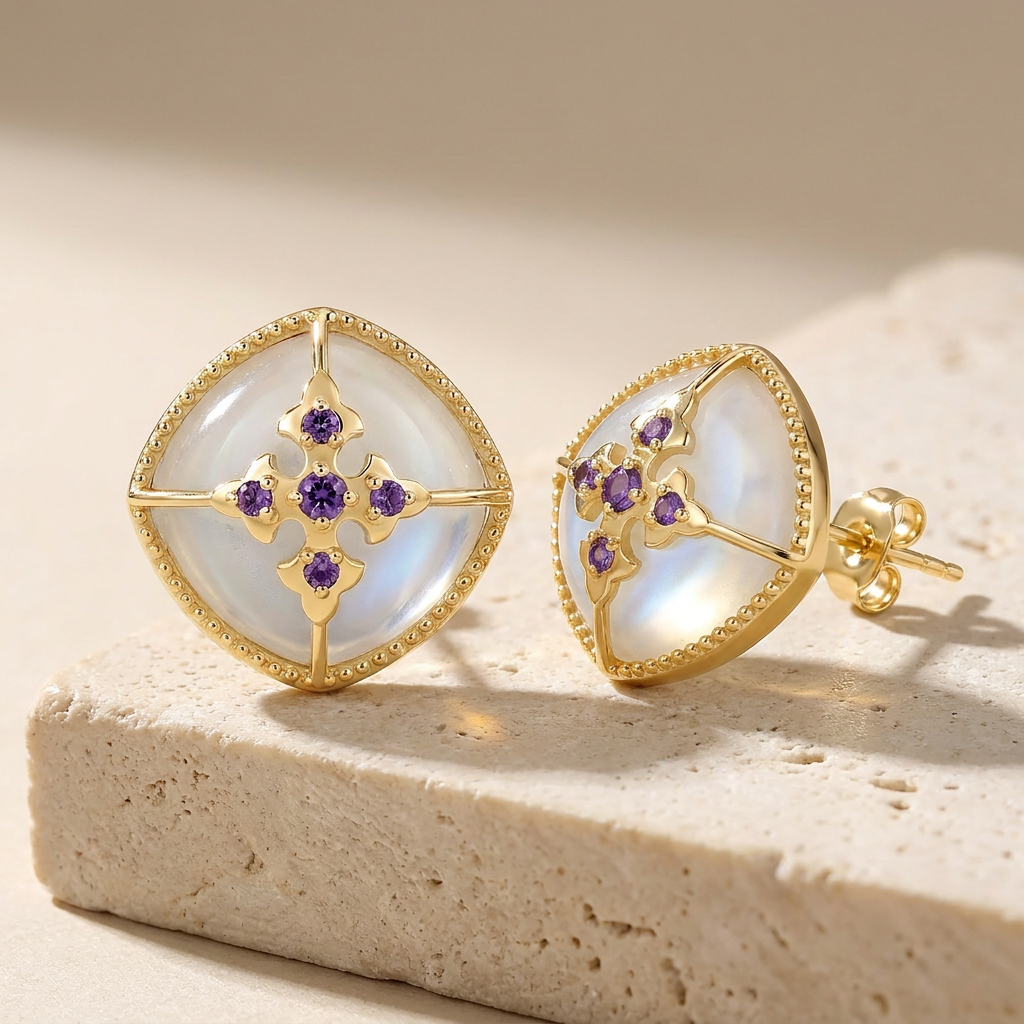 Boucles d'oreilles Cardina - Dorées Or jaune 18k, Pierre lune blanche & Améthyste africaine