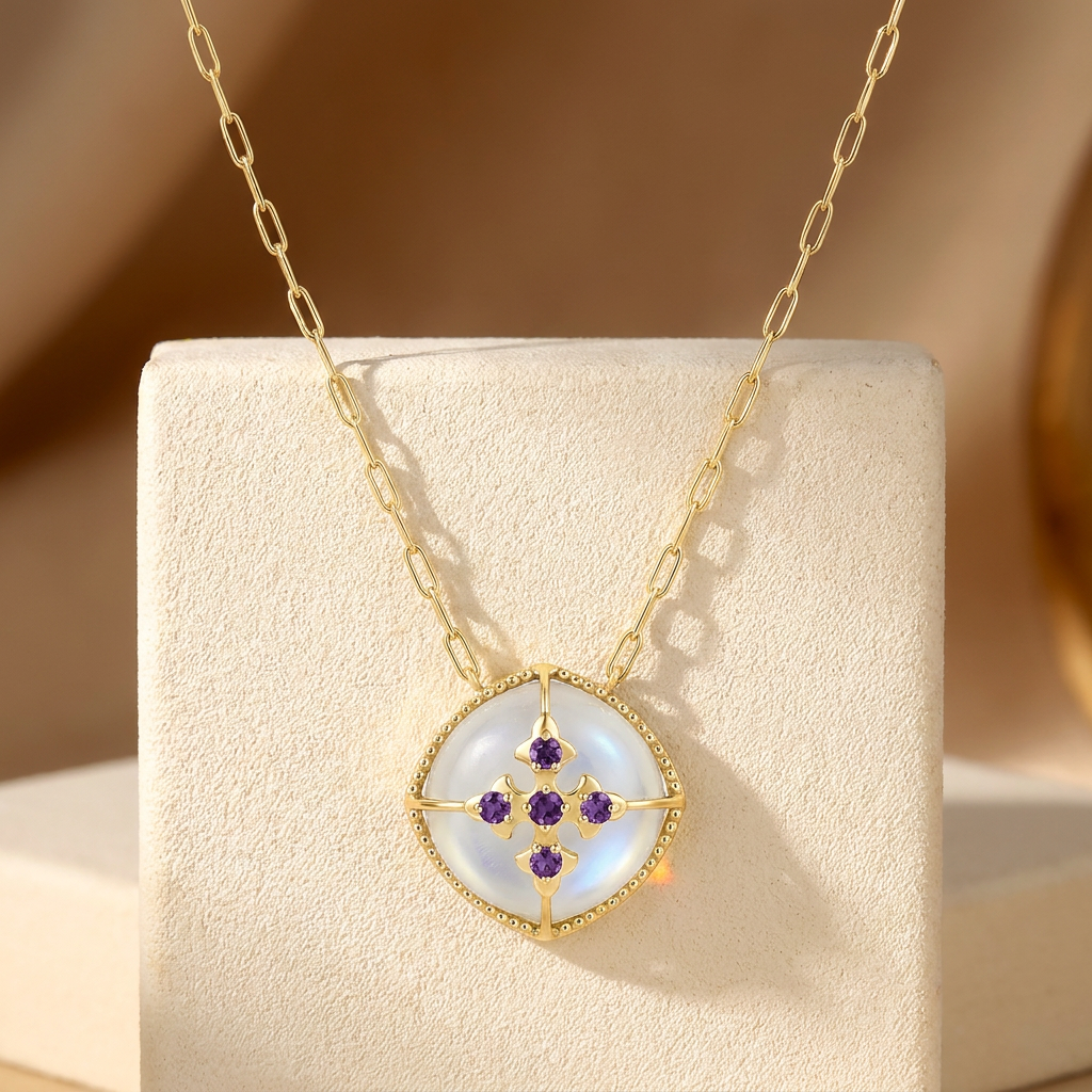 Collier Cardina - Doré Or jaune 18k, Pierre lune blanche & Améthyste africaine