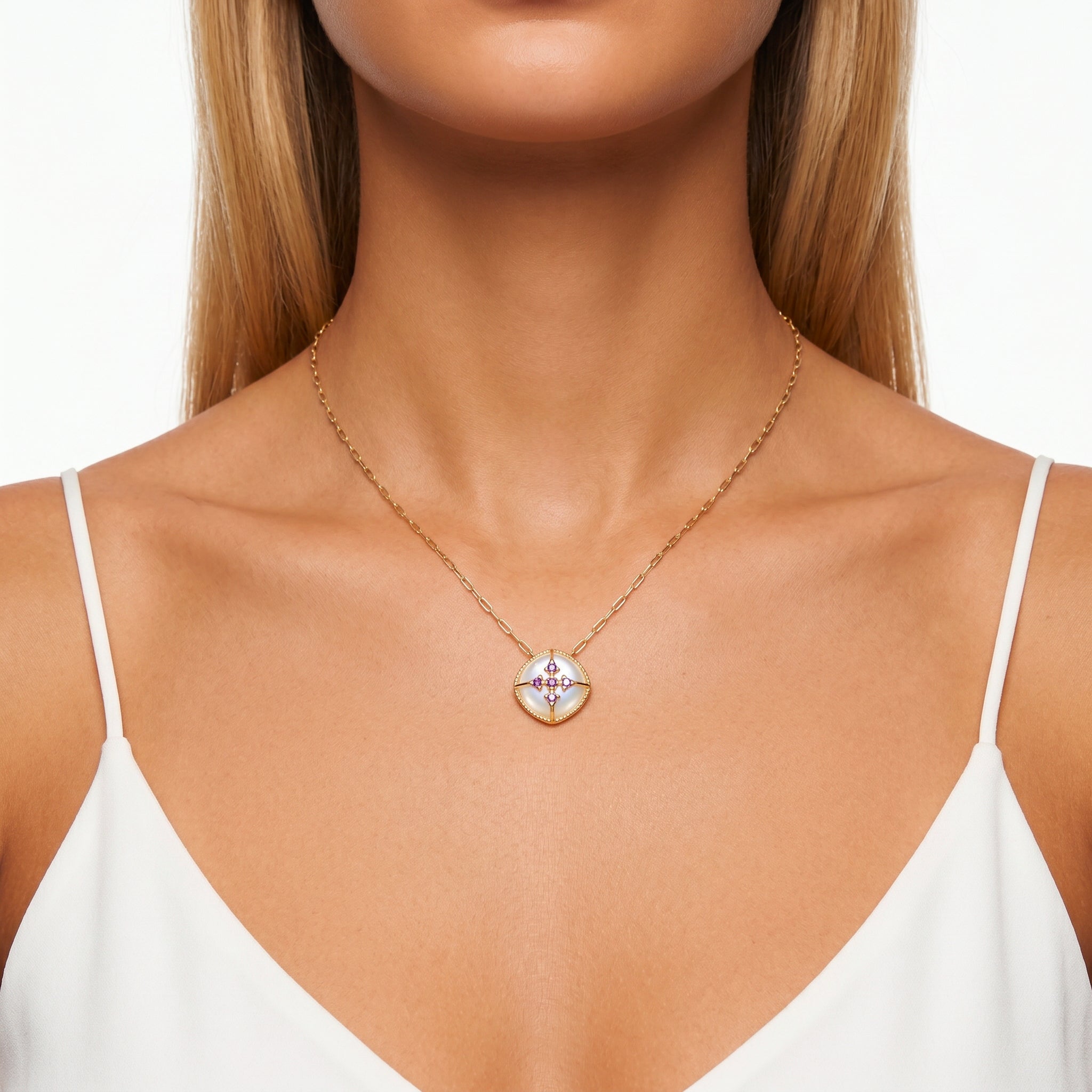 Collier Cardina - Doré Or jaune 18k, Pierre lune blanche & Améthyste africaine - Maison Di Giorgio