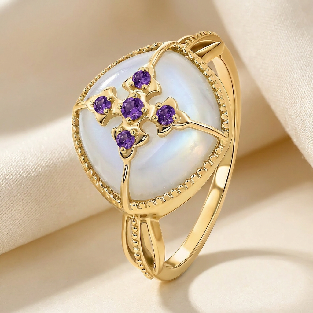 Bague Cardina - Dorée Or jaune 18k, Pierre lune blanche & Améthyste africaine