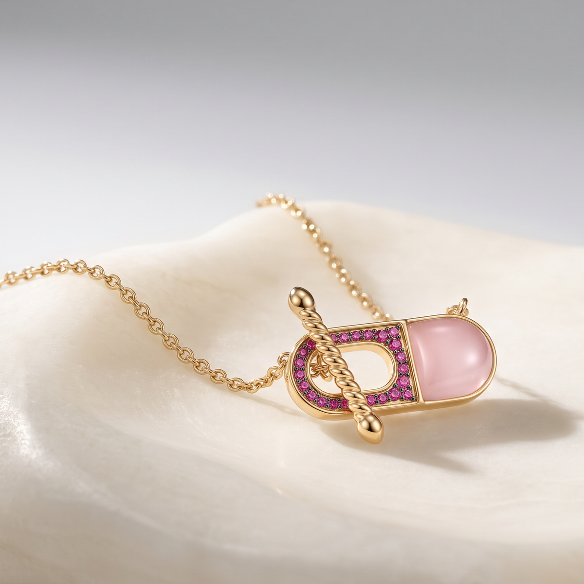 Collier - Doré Or jaune 18k, assemblé de Calcédoine rose, et d'Oxyde de zirconium rose