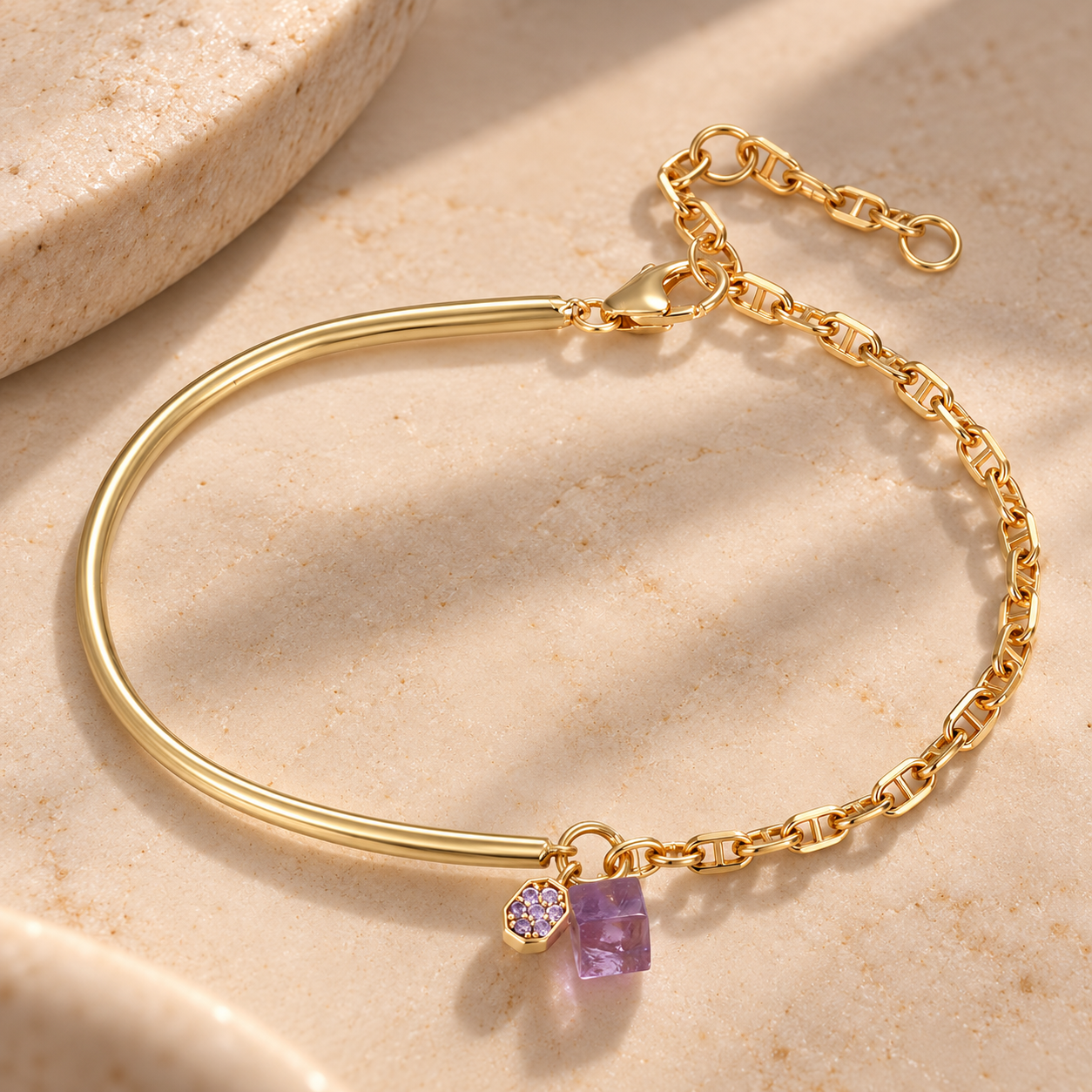 Bracelet - Doré Or jaune 18k, Améthyste et Oxyde de zirconium