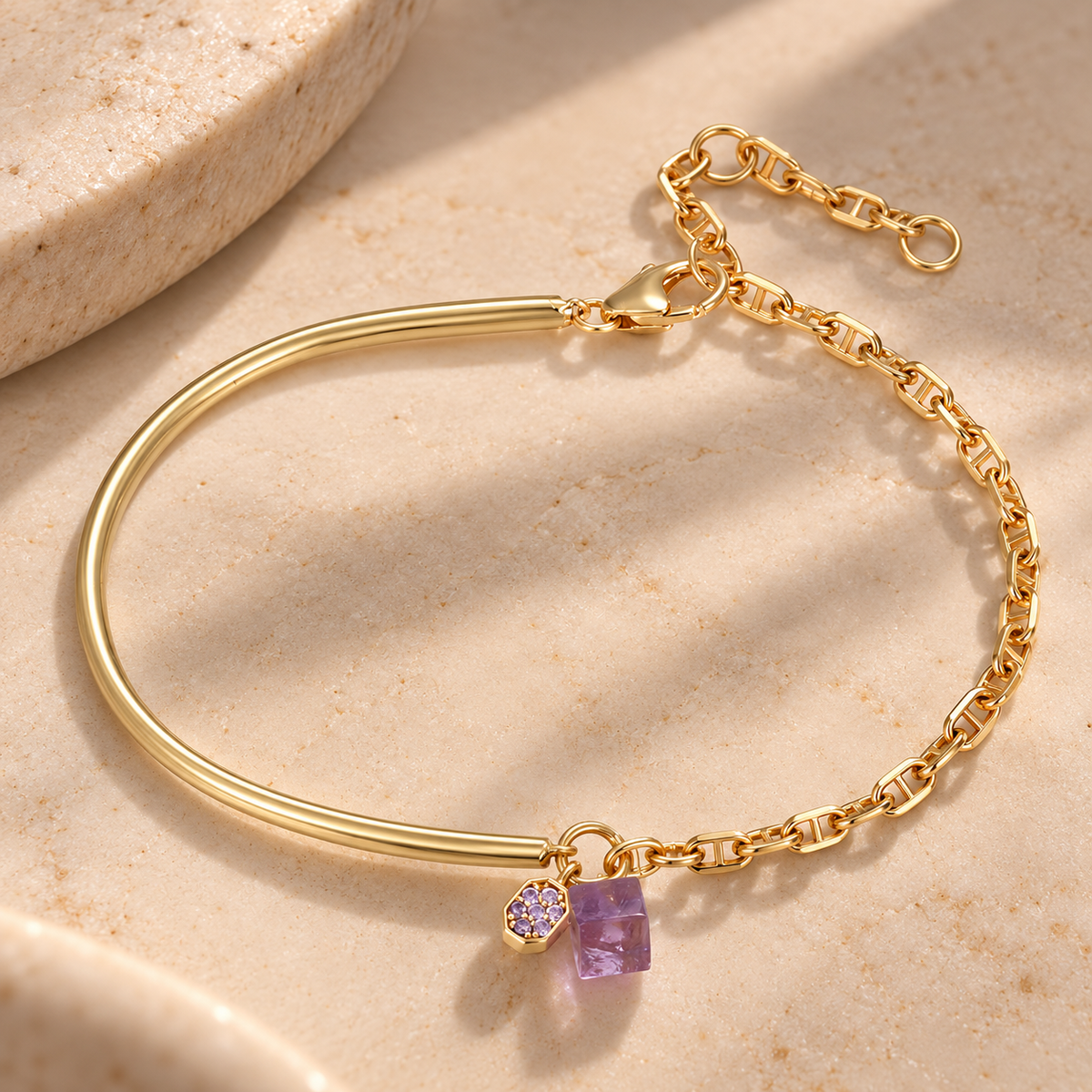 Bracelet - Doré Or jaune 18k, Améthyste et Oxyde de zirconium