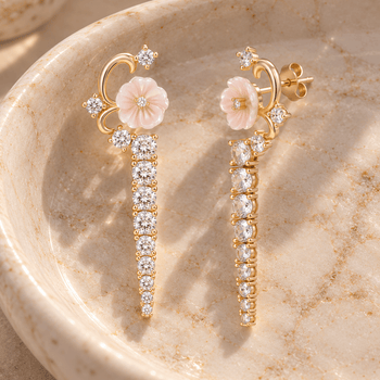Boucles d'oreilles - Dorées Or jaune 18k, Nacre et Oxyde de zirconium - Maison Di Giorgio