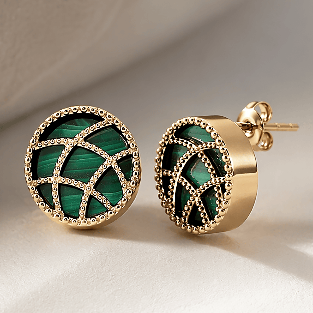 Boucles d'oreilles - Dorées Or jaune 18k, Malachite - Maison Di Giorgio