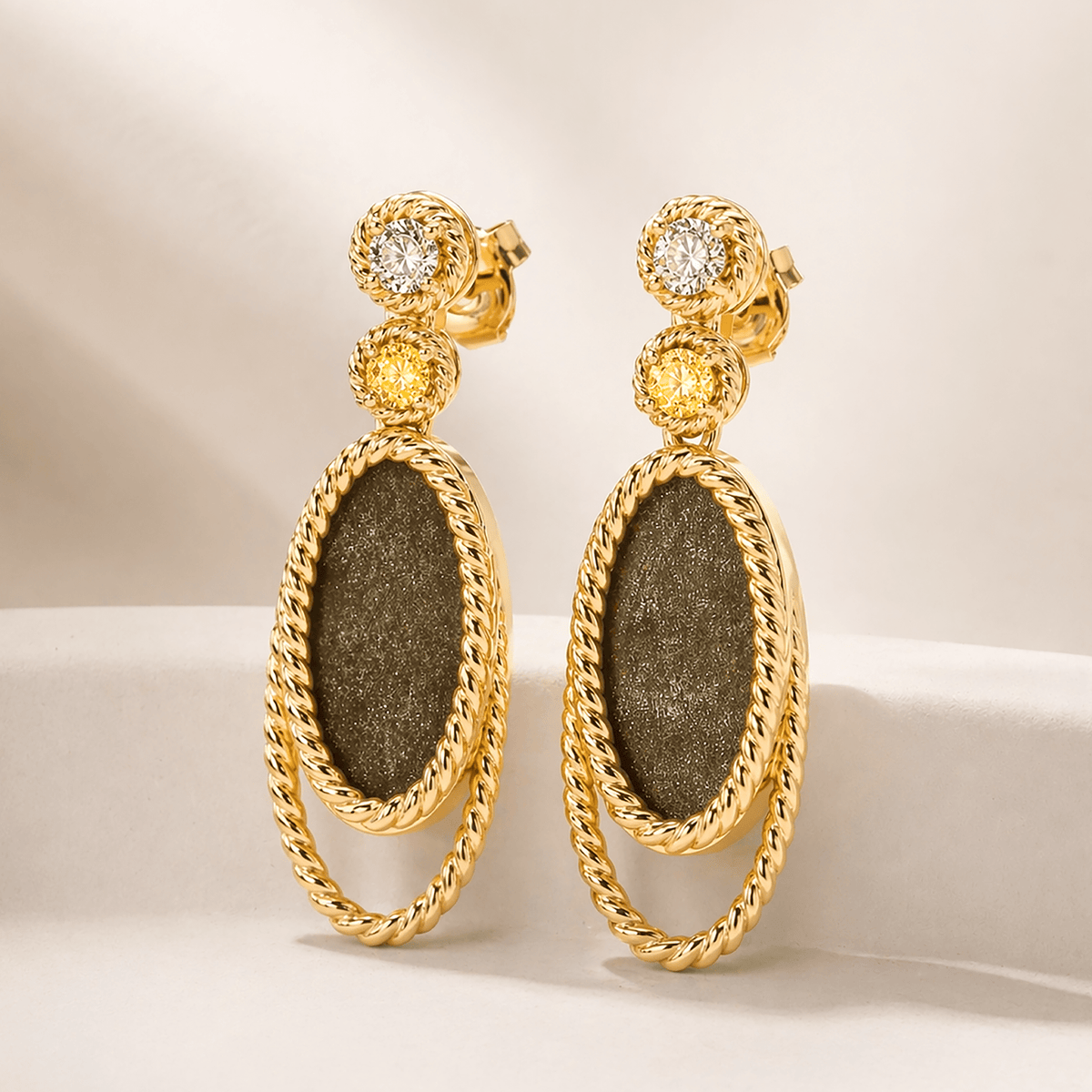 Boucles d'oreilles - Dorées Or jaune 18k, Quartz, Oxyde de zirconium - Maison Di Giorgio