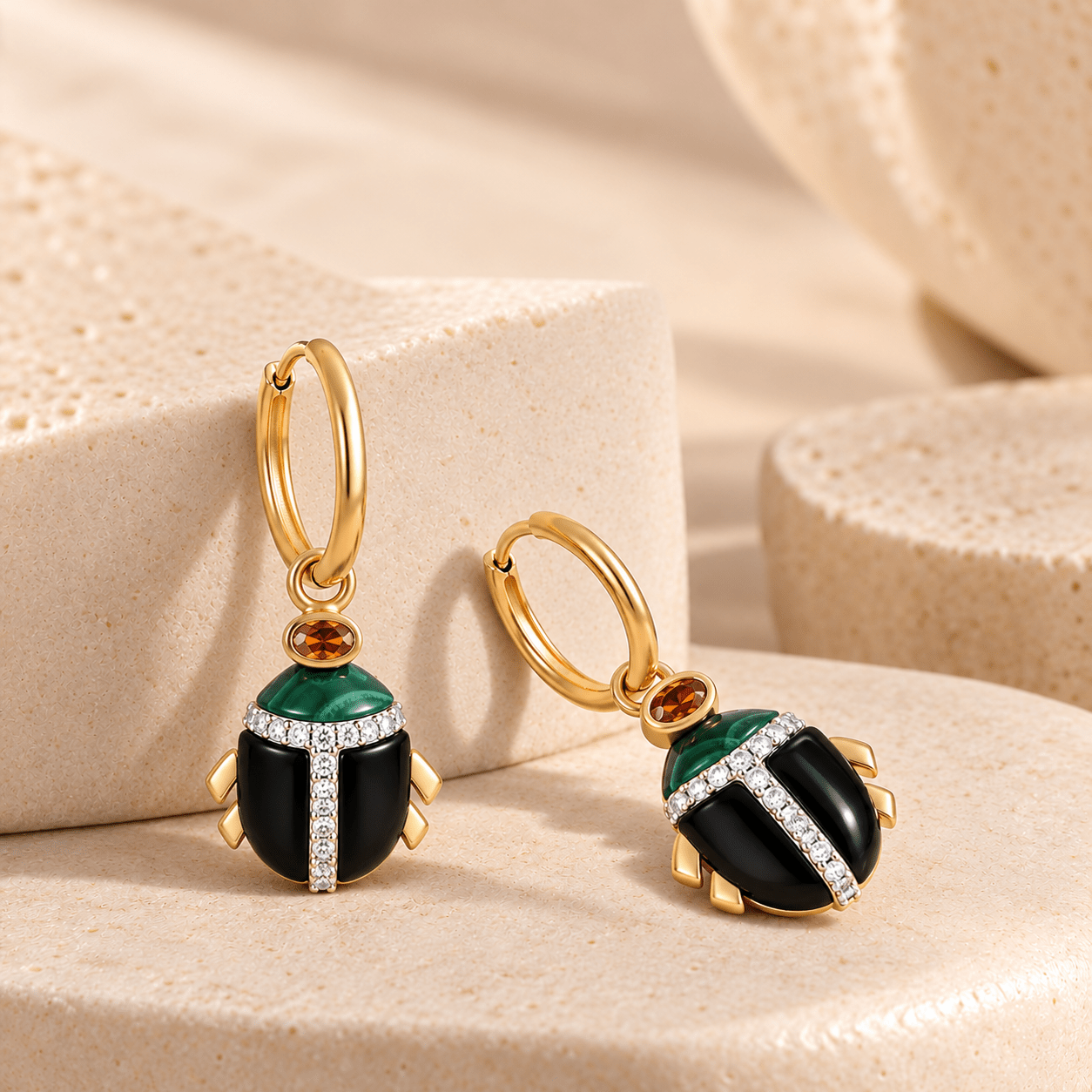 Boucles d'oreilles - Dorées Or jaune 18k et argentées, Malachite, Onyx et Oxyde de zirconium - Maison Di Giorgio