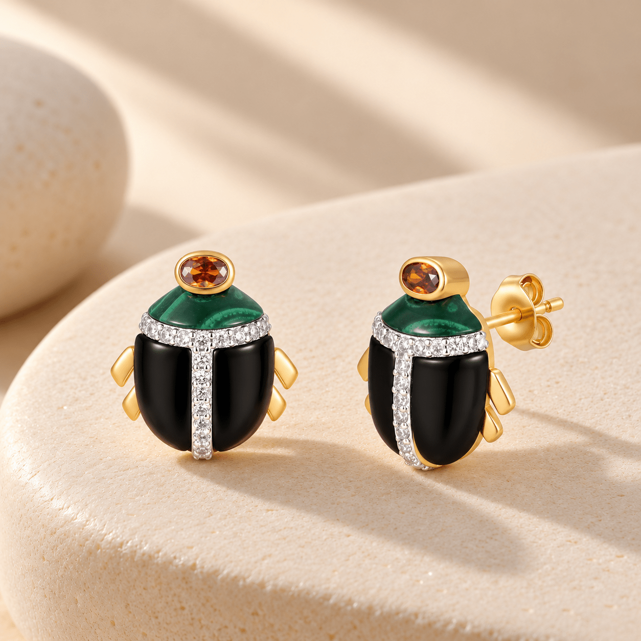 Boucles d'oreilles - Dorées Or jaune 18k et argentées, Malachite, Onyx et Oxyde de zirconium - Maison Di Giorgio
