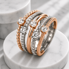 Bague Argentée et dorée Or rose 18k assemblée d'Oxyde de zirconium