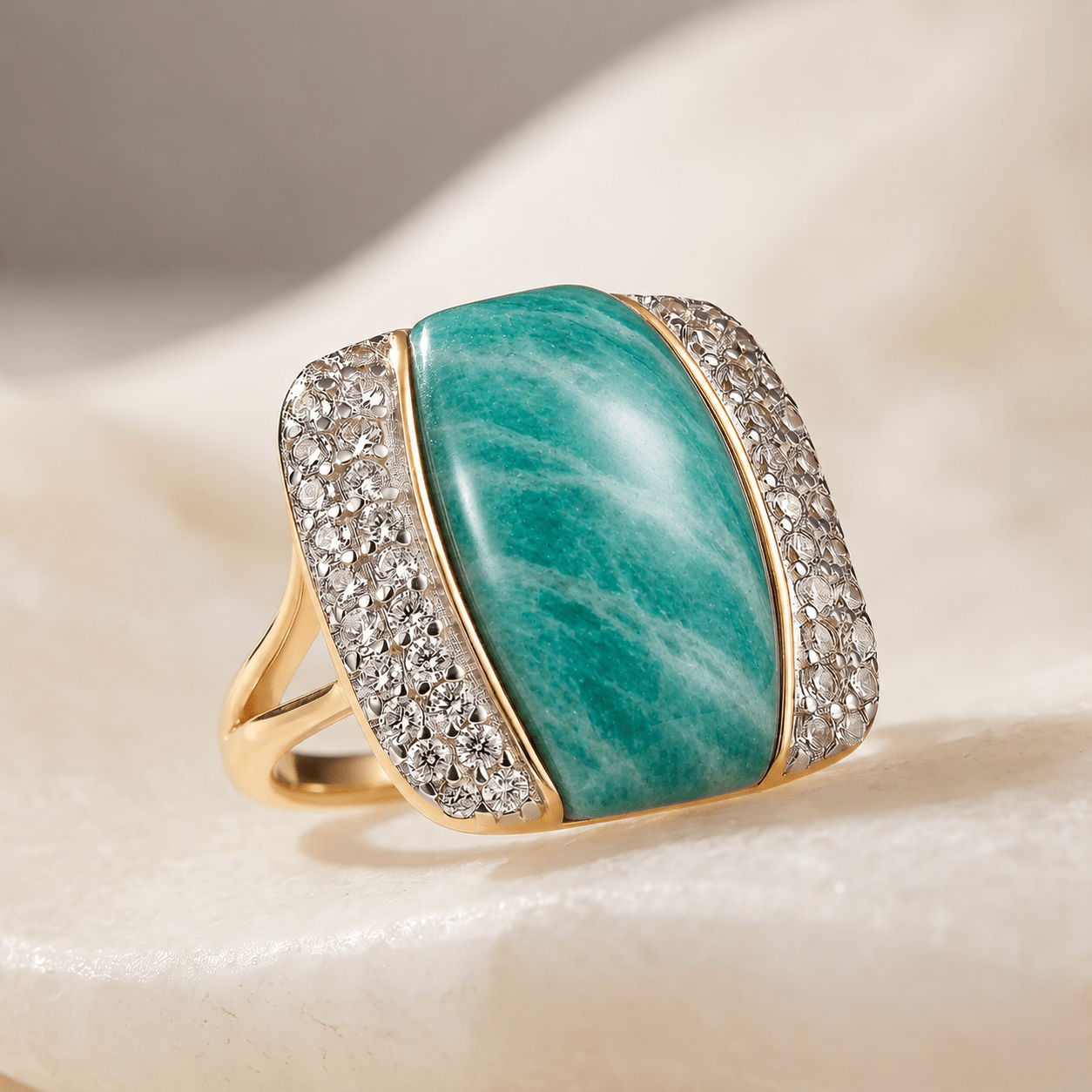 Bague - Dorée Or jaune 18k et Argentée, Oxyde de zirconium, Amazonite - Maison Di Giorgio