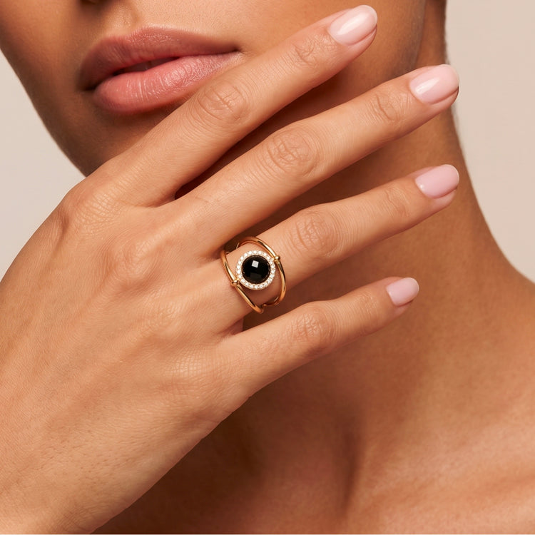 Bague Jòia - Dorée Or jaune 18k, Onyx noir & Oxyde de zirconium - Maison Di Giorgio