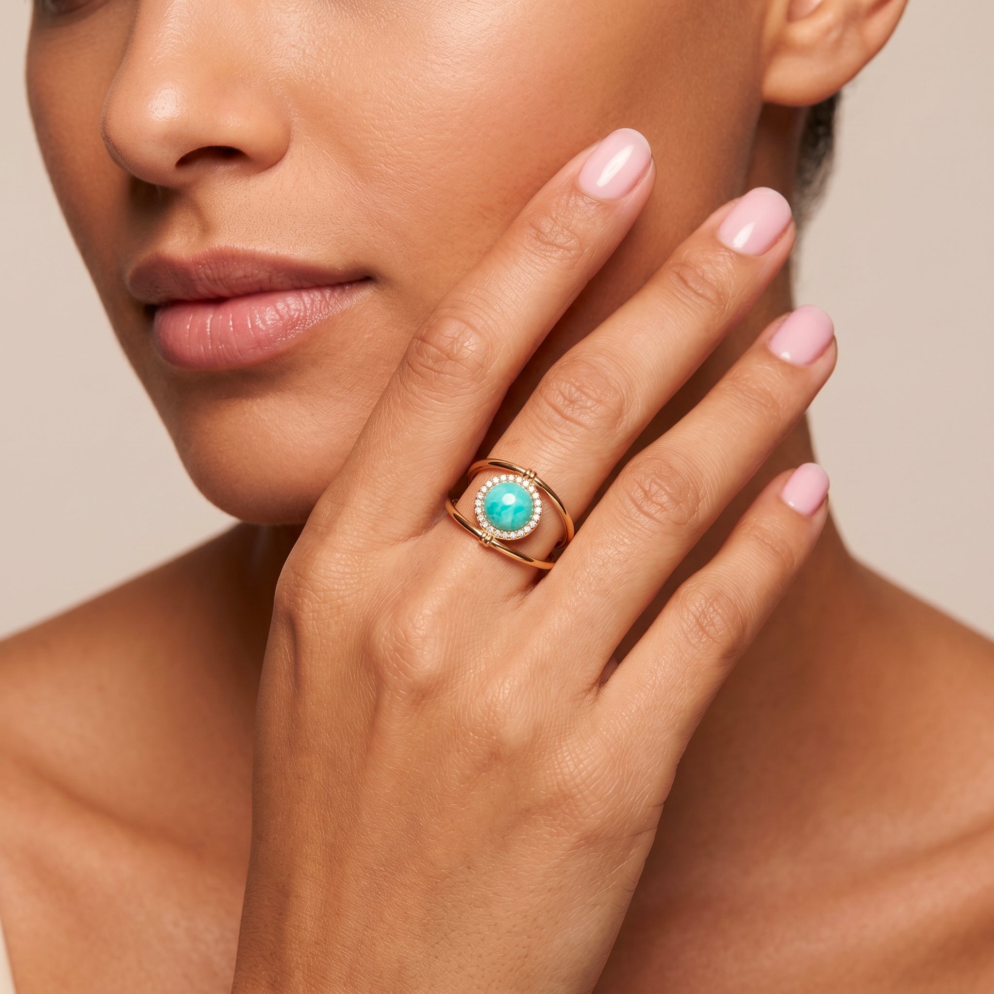 Bague Jòia - Dorée Or jaune 18k, Amazonite & Oxyde de zirconium - Maison Di Giorgio
