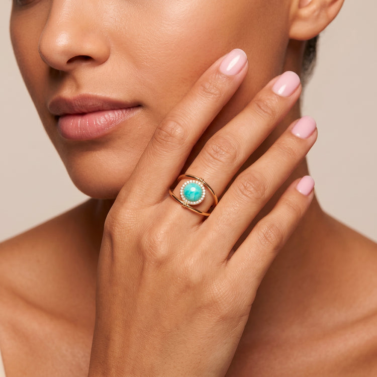 Bague Jòia - Dorée Or jaune 18k, Amazonite & Oxyde de zirconium - Maison Di Giorgio
