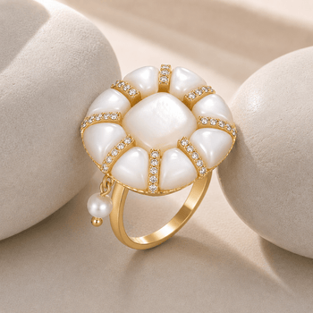 Bague - Dorée Or jaune 18k, Coquille, Perle d'eau douce, Oxyde de zirconium - Maison Di Giorgio