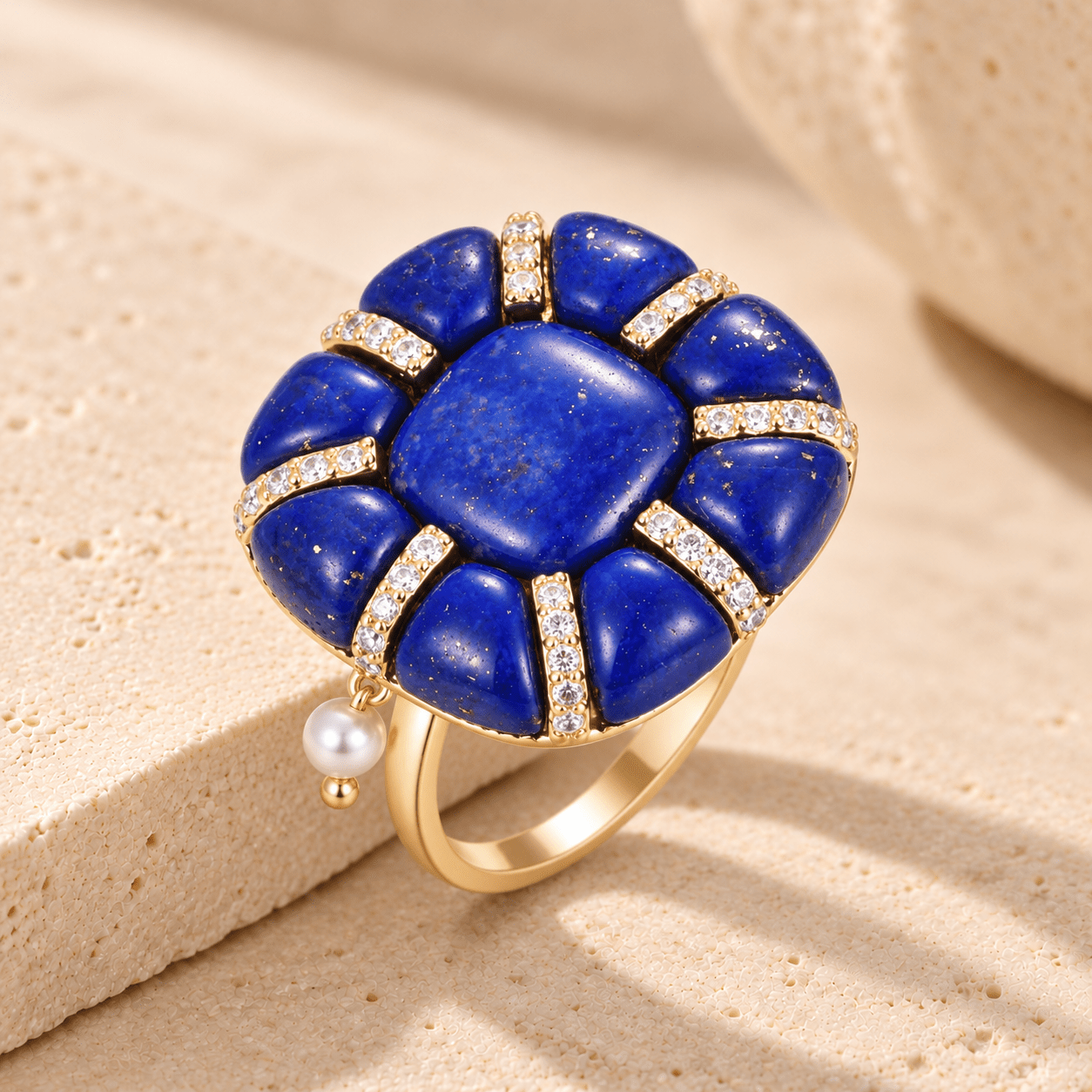 Bague - Dorée Or jaune 18k, Lapis-lazuli, Perle de coquille et Oxyde de zirconium - Maison Di Giorgio