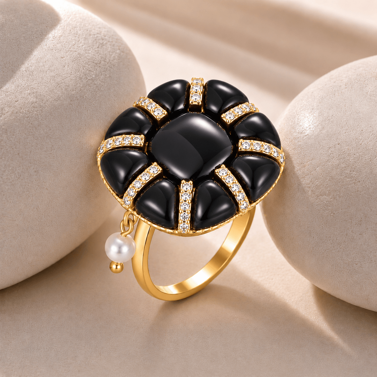 Bague - Dorée Or jaune 18k, Onyx, Perle d'eau douce et Oxyde de zirconium - Maison Di Giorgio