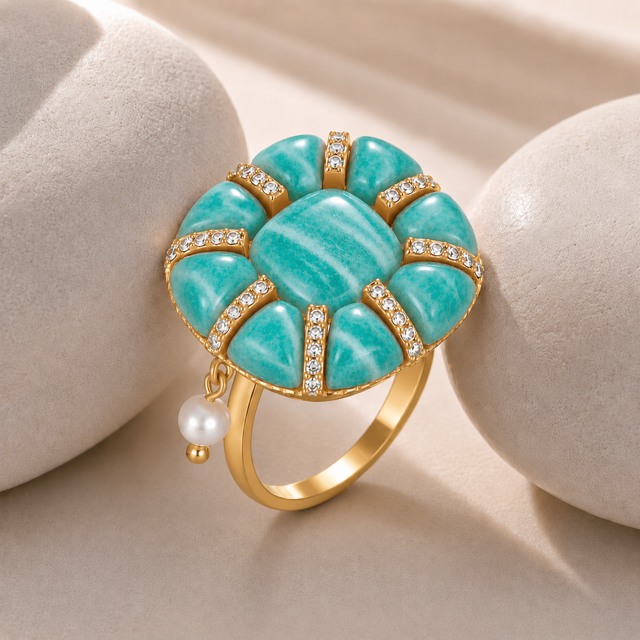 Bague - Dorée Or jaune 18k, Amazonite, Perle d'eau douce, Oxyde de zirconium - Maison Di Giorgio