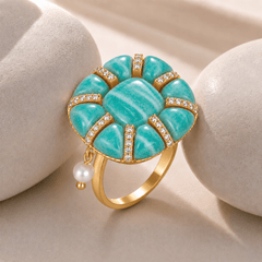 Bague - Dorée Or jaune 18k, Amazonite, Perle d'eau douce, Oxyde de zirconium - Maison Di Giorgio
