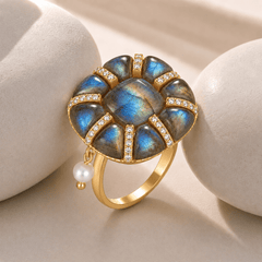 Bague - Dorée Or jaune 18k, Labradorite, Perle d'eau douce, Oxyde de zirconium - Maison Di Giorgio