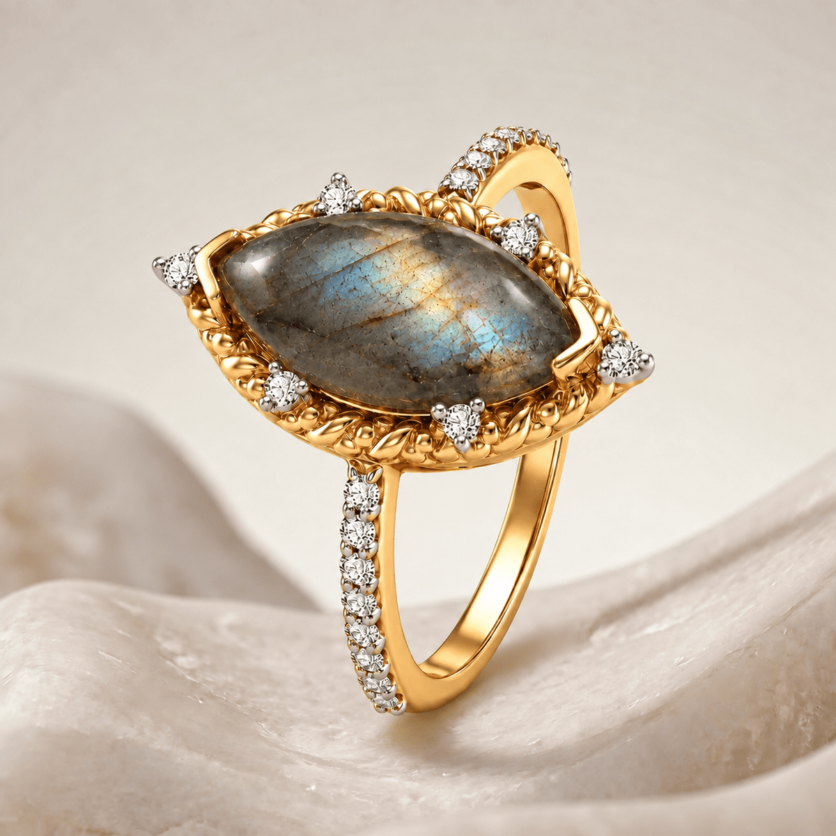 Bague - Dorée Or jaune 18k, Labradorite, Oxyde de zirconium - Maison Di Giorgio