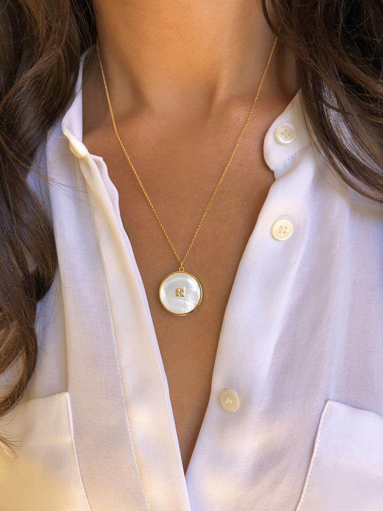 Collier réversible doré Or jaune 18k, Nacre, Onyx noir, Oxyde de zirconium - Maison Di Giorgio