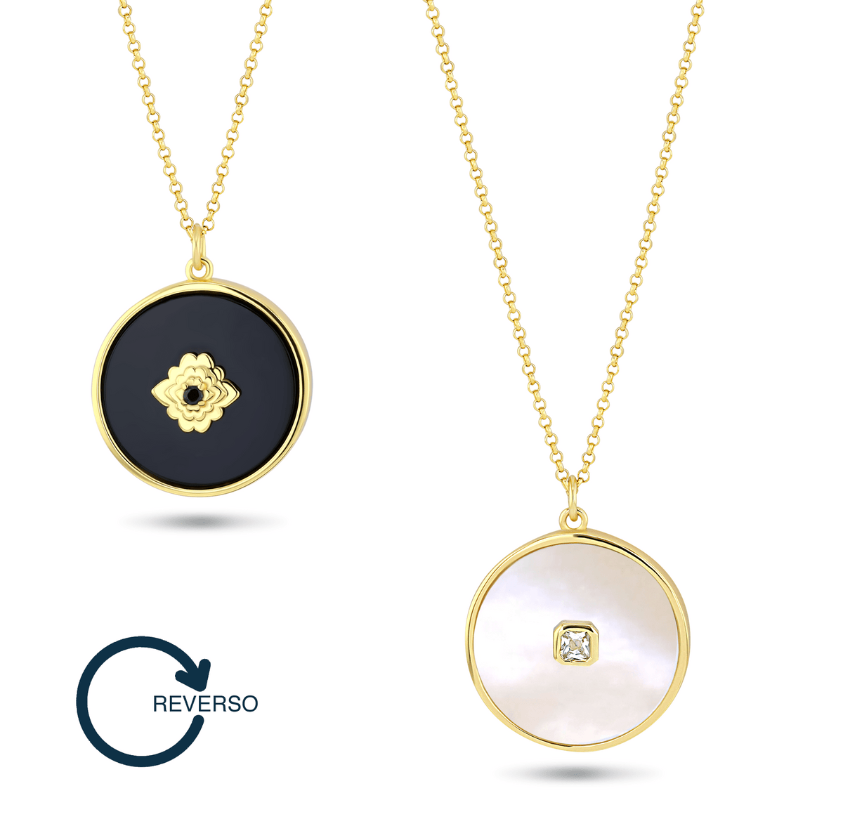 Collier réversible doré Or jaune 18k, Nacre, Onyx noir, Oxyde de zirconium - Maison Di Giorgio