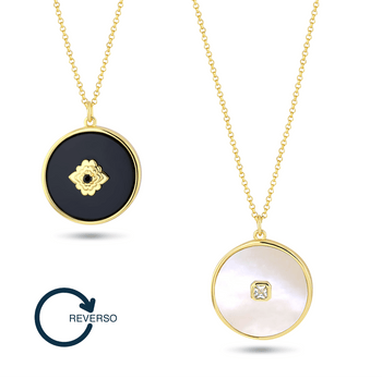 Collier réversible doré Or jaune 18k, Nacre, Onyx noir, Oxyde de zirconium - Maison Di Giorgio