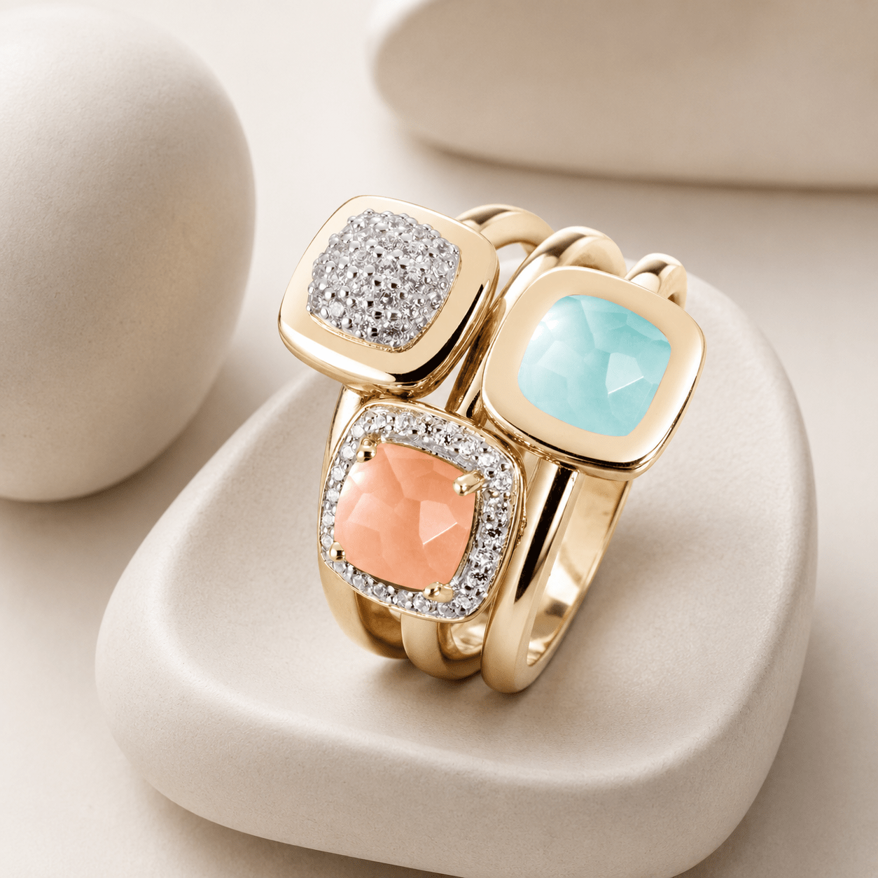 Bague - Argent 925 doré Or rose 18k, Pierre de lune, Calcédoine et Oxyde de zirconium - Maison Di Giorgio