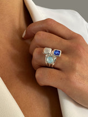 Bague en Argent 925 plaqué Rhodium et assemblée de Quartz, Calcédoine aqua et Oxyde de zirconium