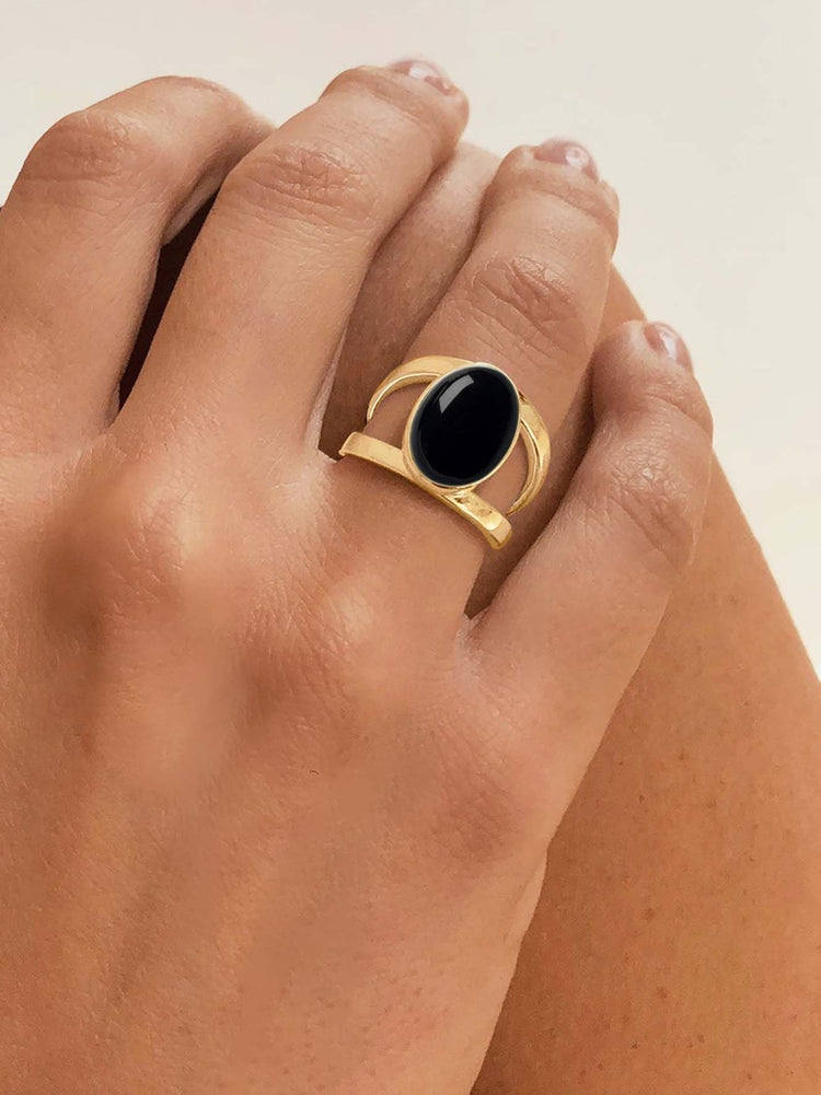 Bague en Argent 925 doré Or jaune 18k assemblée d'Onyx noir - Maison Di Giorgio