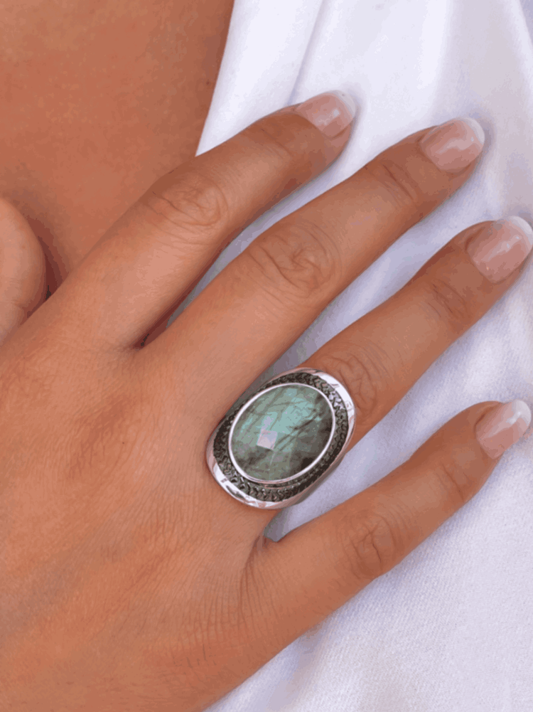 Bague en Argent 925 partiellement doré Or jaune 18k assemblée de Labradorite - Maison Di Giorgio