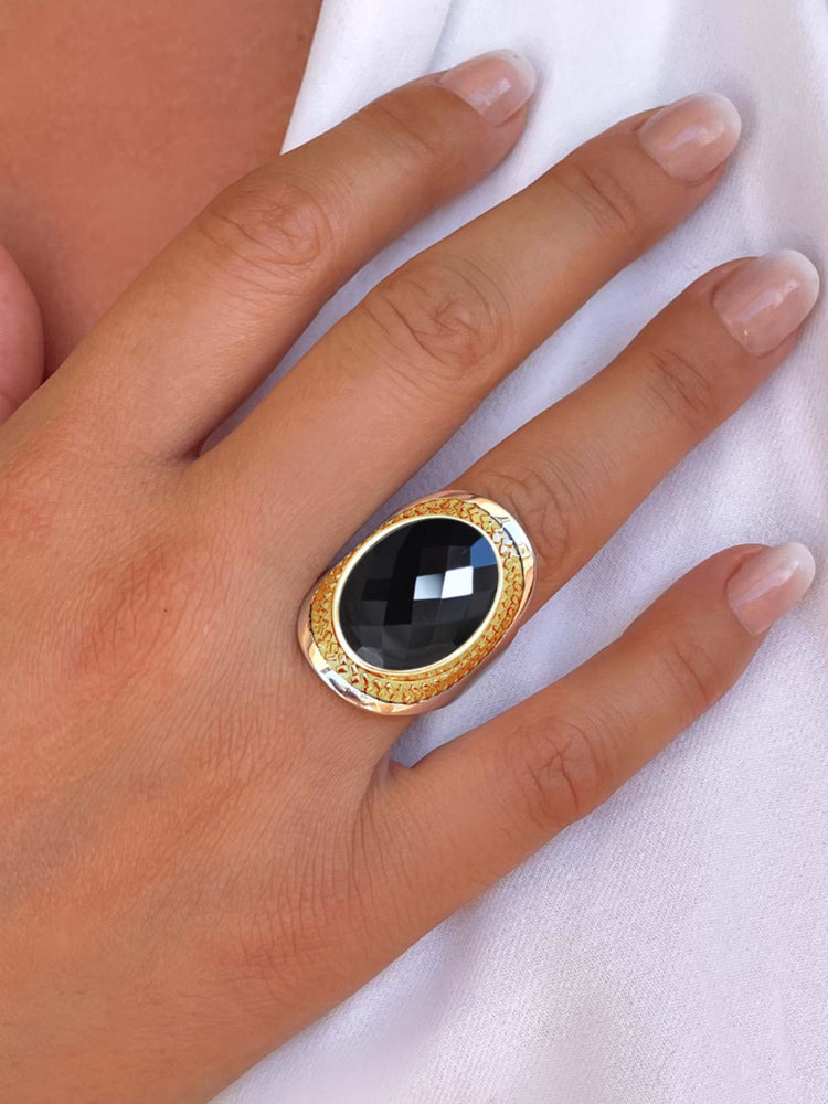 Bague en Argent 925 partiellement doré Or jaune 18k assemblée d'Onyx noir faceté - Maison Di Giorgio