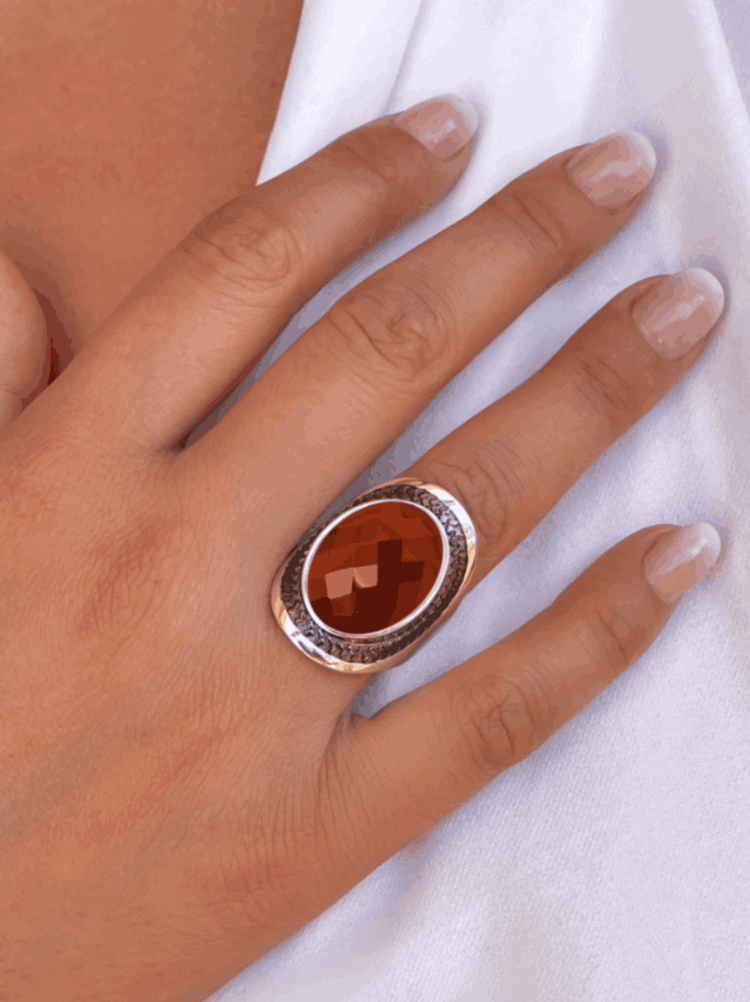 Bague en Argent 925 partiellement doré Or rose 18k assemblée d'Onyx rouge - Maison Di Giorgio