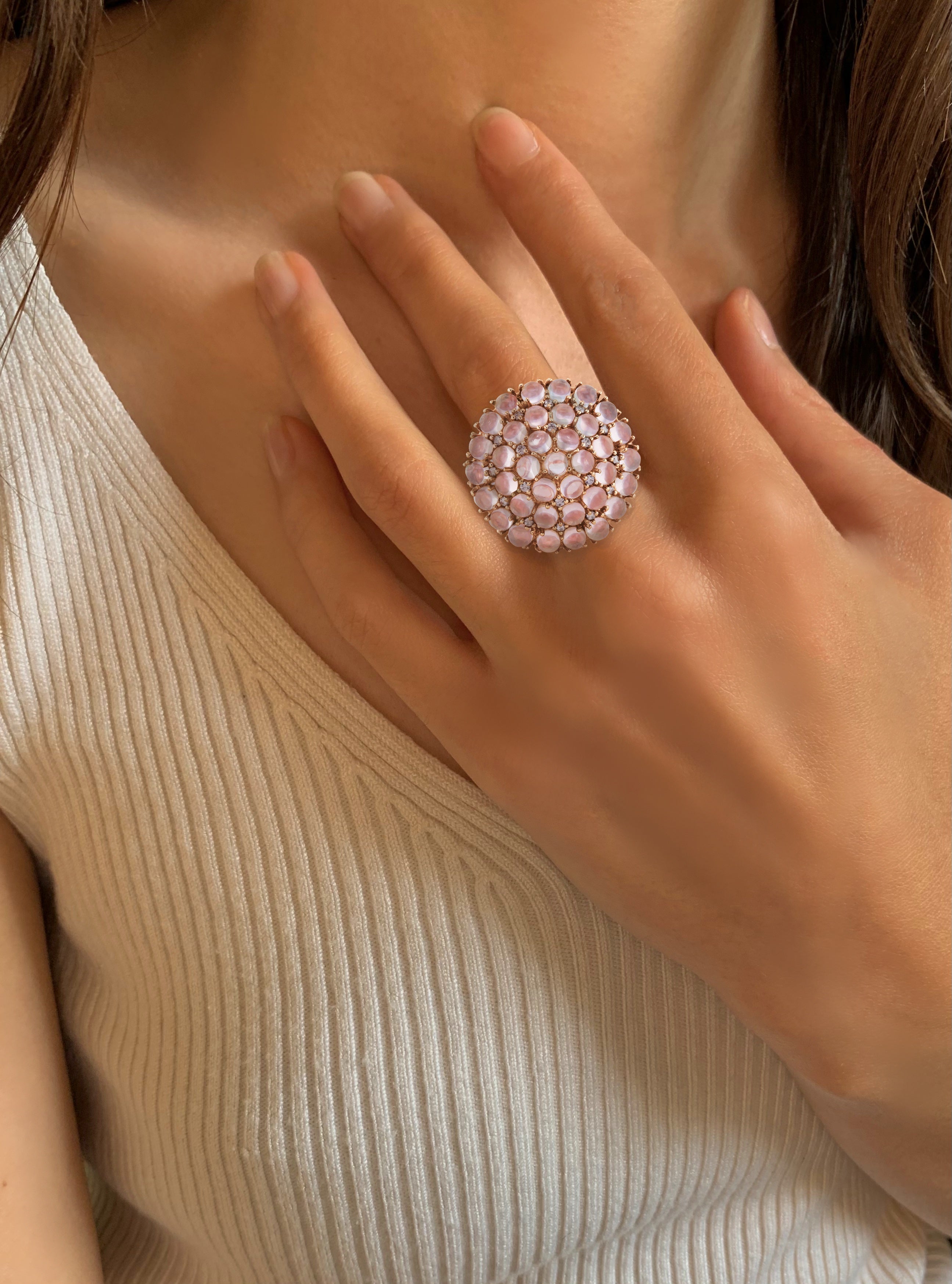 Bague en Argent 925 doré Or rose 18k assemblée de Quartz rose, Rhodolite et Oxyde de zirconium