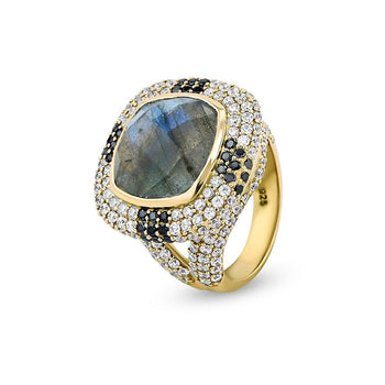 Bague en Argent 925 doré Or jaune 18k assemblée de Labradorite, Spinelle noire et Oxyde de zirconium - Maison Di Giorgio