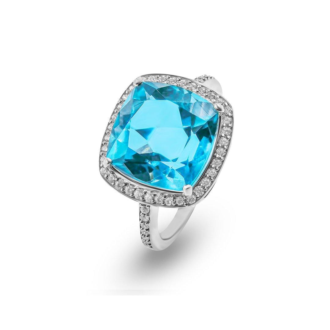 Bague en Argent 925 plaqué Rhodium assemblée de Topaze bleu suisse - Maison Di Giorgio